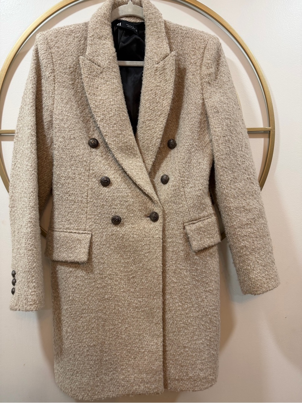 Zara Double-Breasted Cream Bouclé Pea Coat